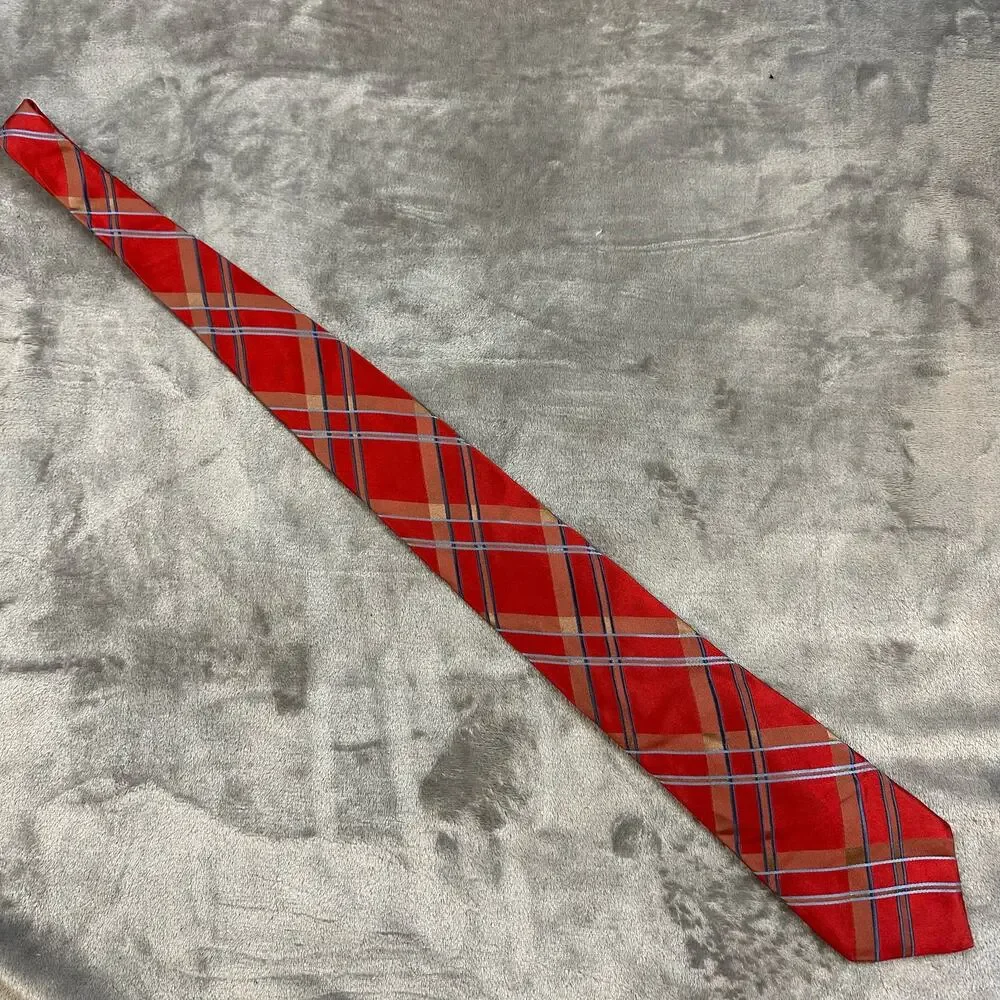 Ike Behar New York Silk Tie Red Tartan Plaid Blue